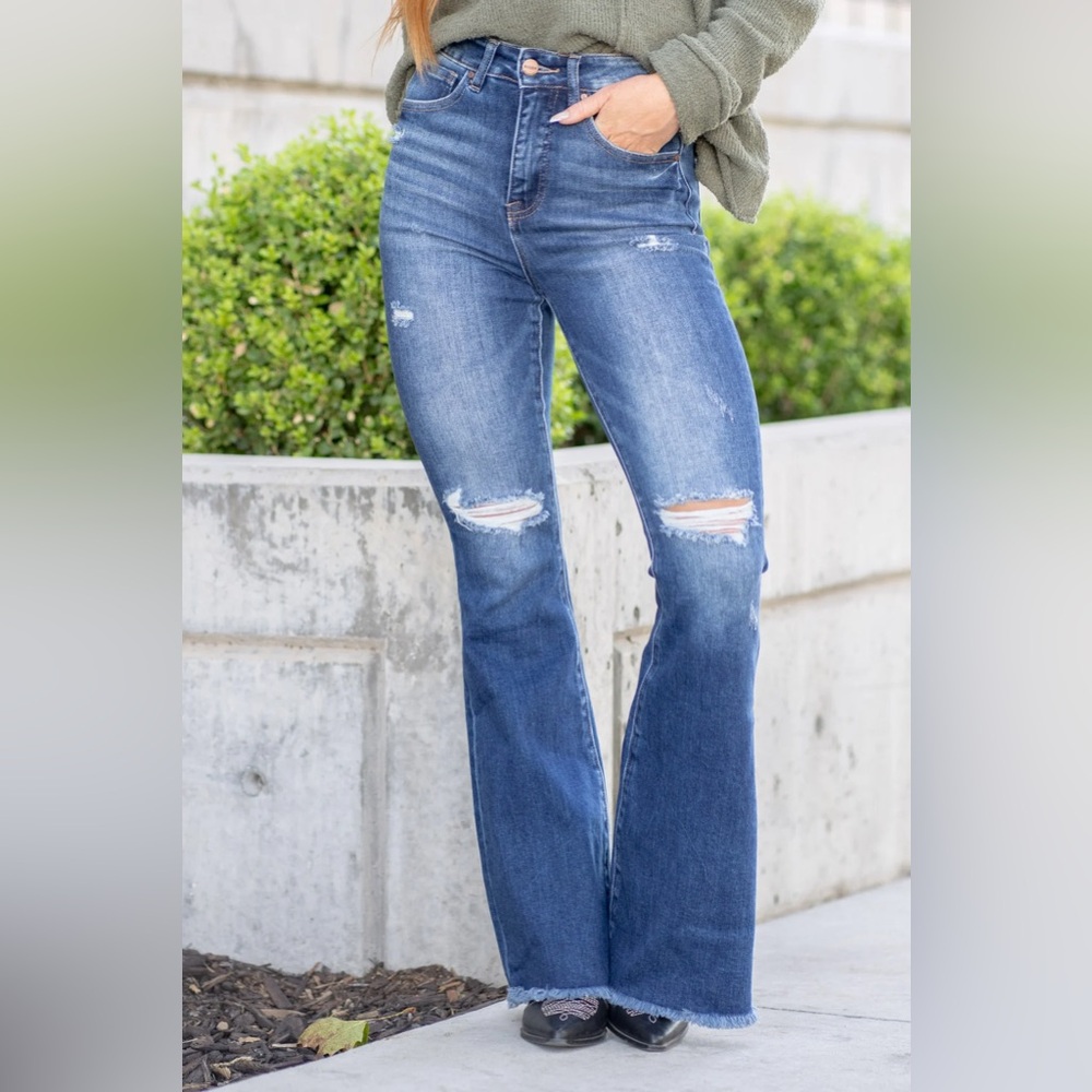 Risen x Tummy Control distressed flare jeans. Brand new with tags.